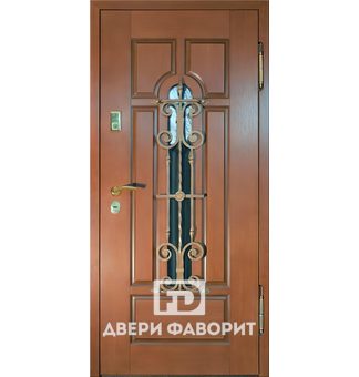металлическая дверь с ковкой и стеклом, отделка винорит с двух сторон