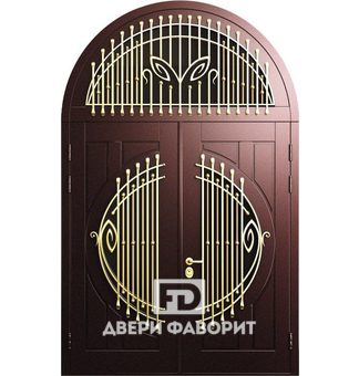 арочная двустворчатая дверь с ковкой и стеклянными вставками